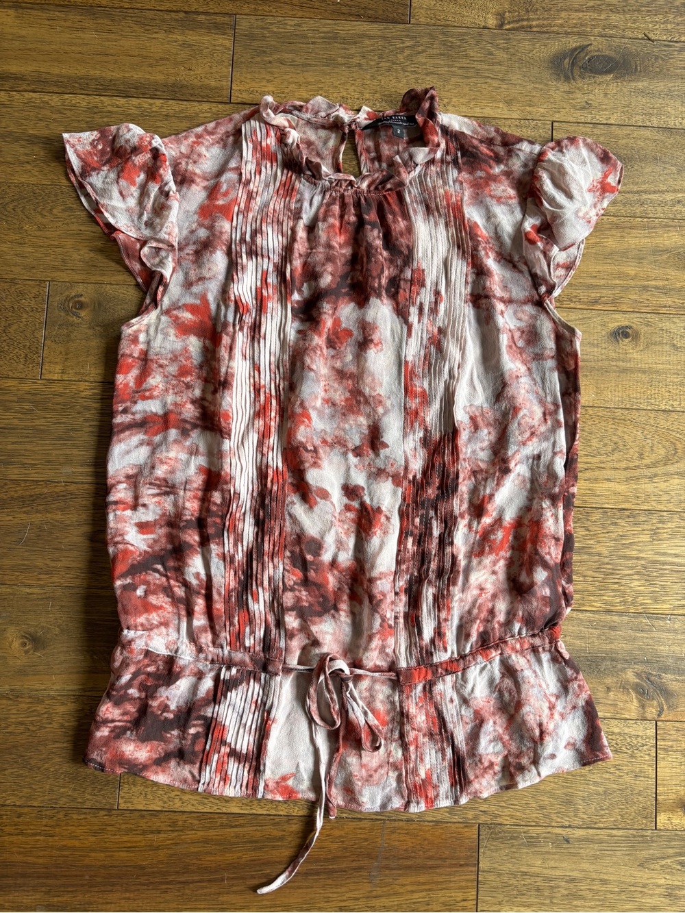 Ted Baker 100% Silk Pintuck Flutter Sleeve Blouse Sz 2